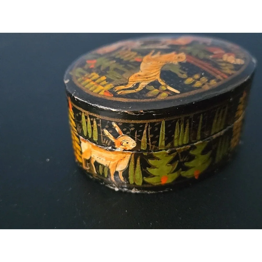 Vintage Paper Mache Box Deer Rabbit Hunting Kashmir India‎ Hand Painted 3